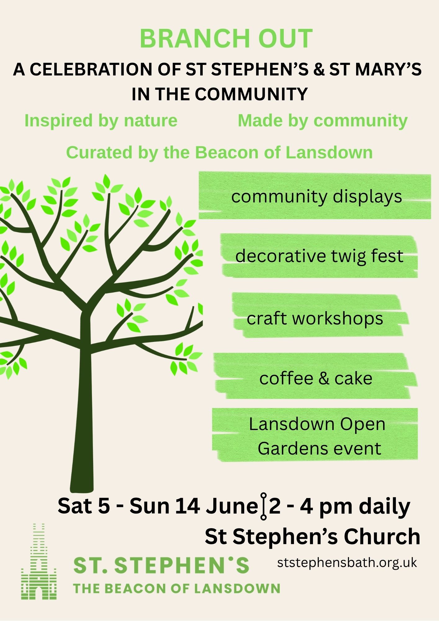Branch Out a community celebration and farewell to Rev Philip Hawthorn.  Sat 6 - Sunday 14 June, 2 - 4 pm daily