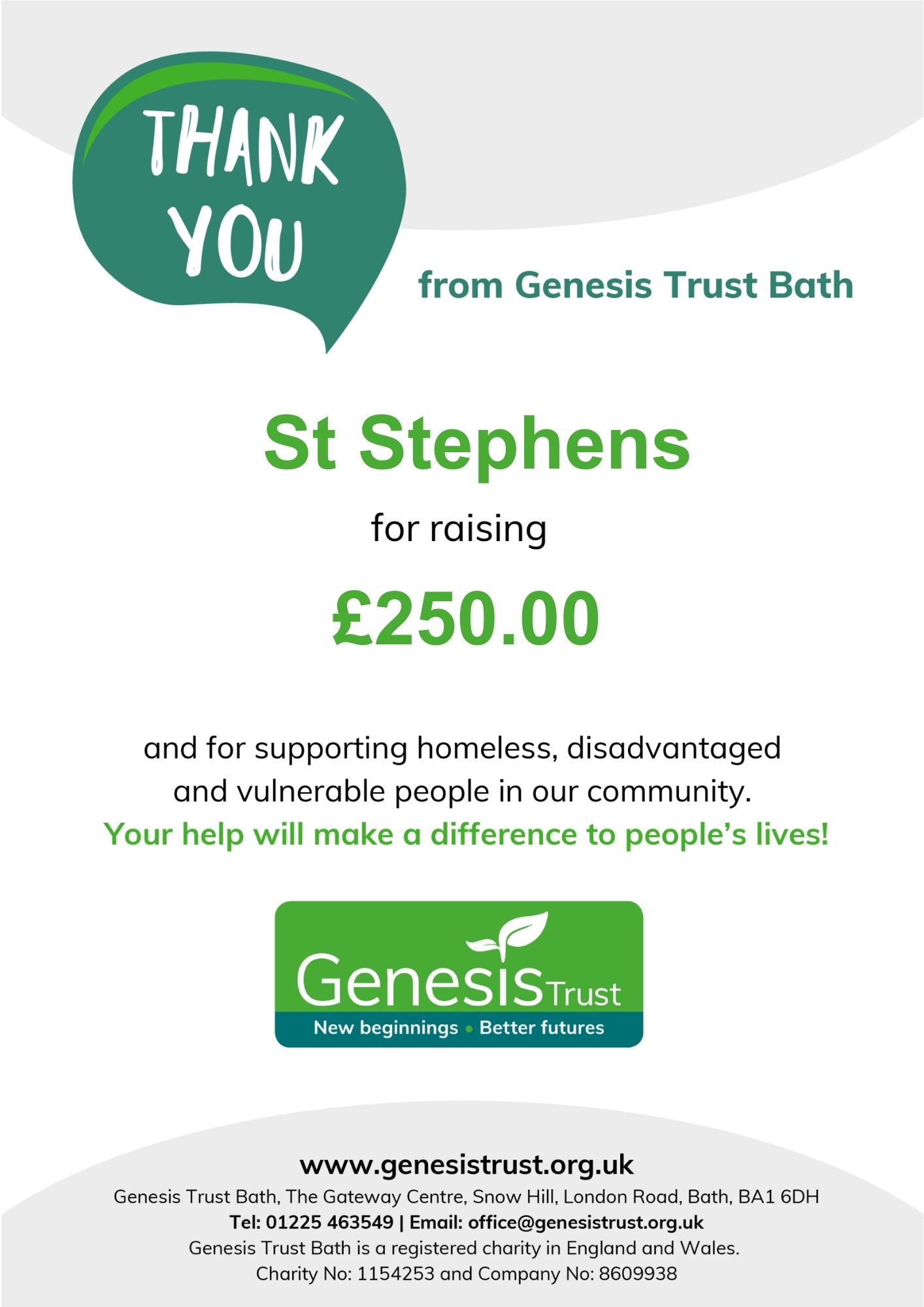 Genesis Trust thank you letter for St Stephen's Christmas donation