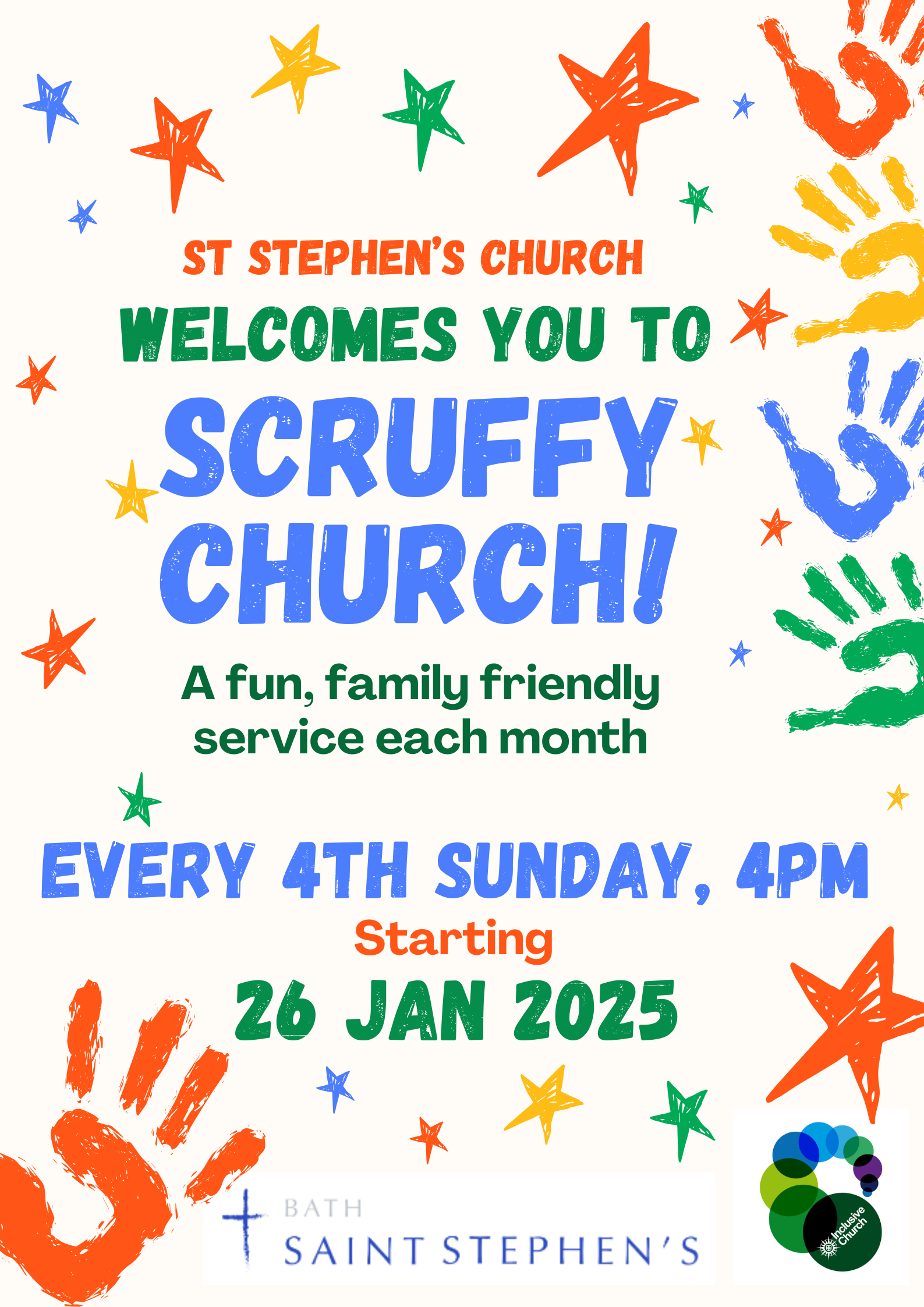 Scruffy Church family service at St Stephen's starting 26 January 2025 at 4 pm.